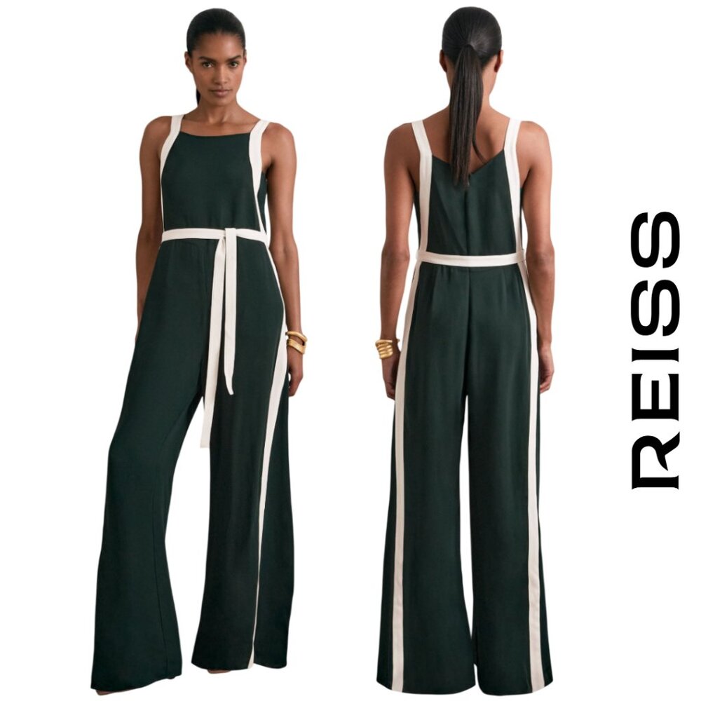 NWT Reiss | Salma Colourblock Wide Leg Belted Jumpsuit in Black/Cream, S 10P